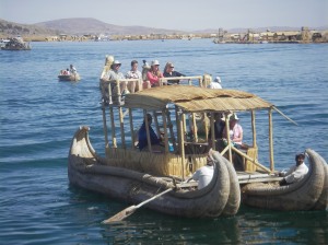 Reed boat on Lake Titicaca, Puno, Peru