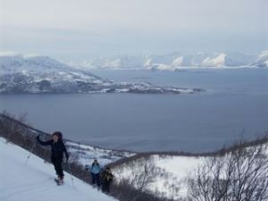 ski touring above Dale on Grytoya island, Norway